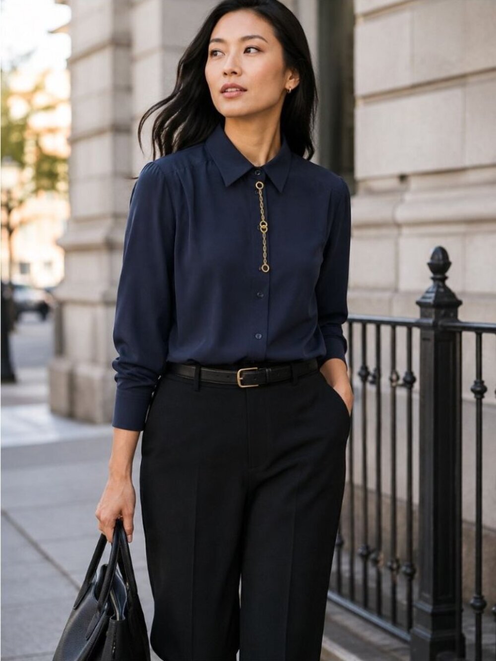 Lucia Navy Button Up Blouse Size 44 Gold Chain Detail Minimalist Chic